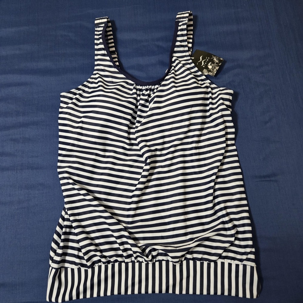 BIKINY Tankini Top Womens L Blue White Striped Built In Bra Padded Swim Nautical